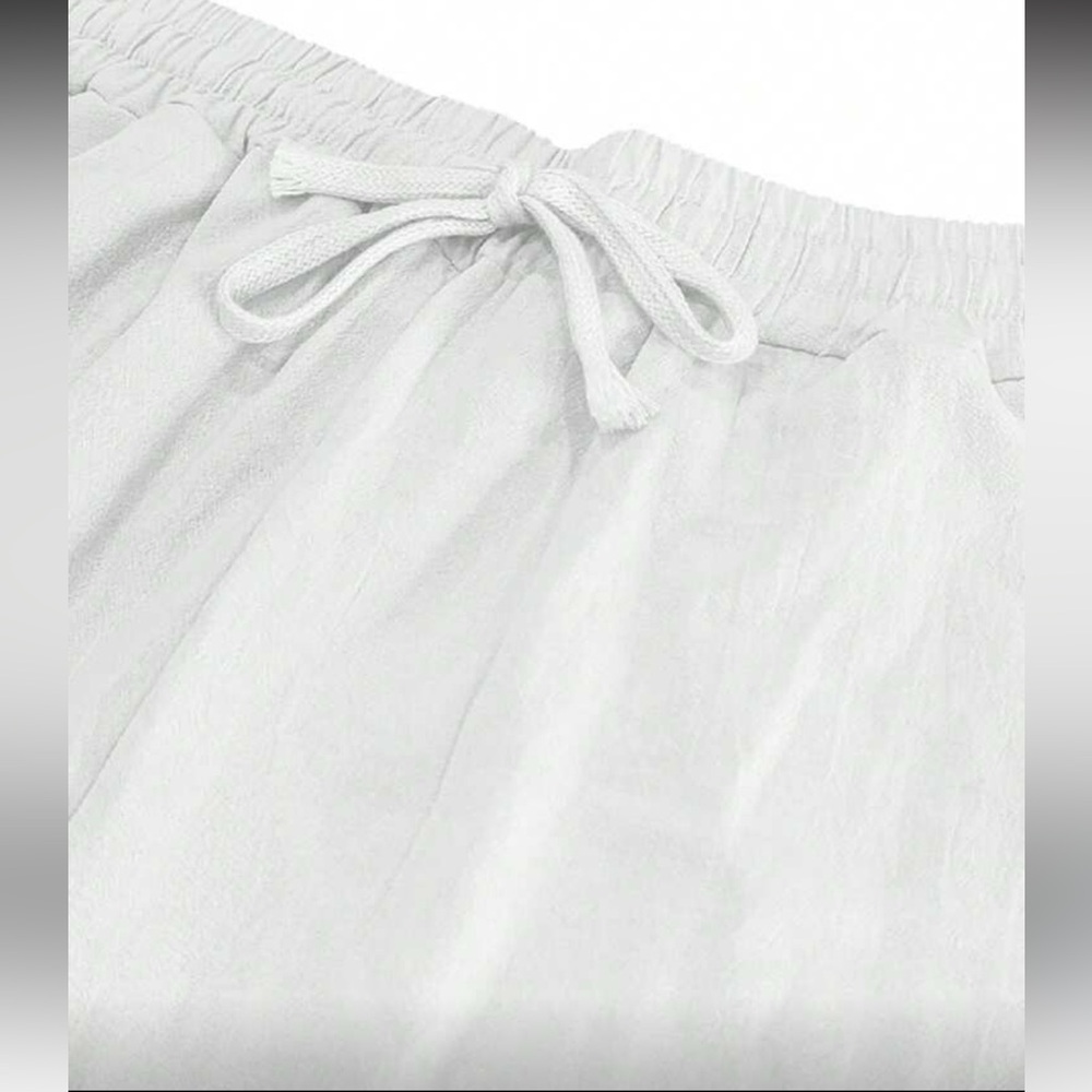 Men's White Linen Drawstring Pants - Picture 3 of 5
